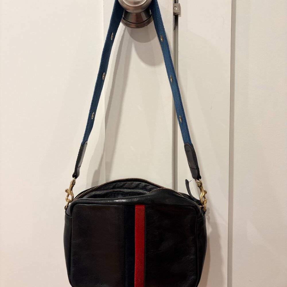 Clare V. Midi Sac — Black w/ Stripes and French Blue Strap